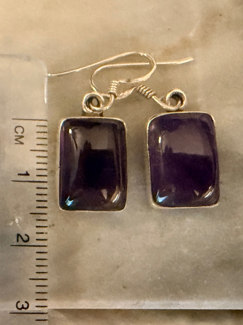New 925 Sterling Silver Rectangle Amethyst Cabochon Dangle Earrings